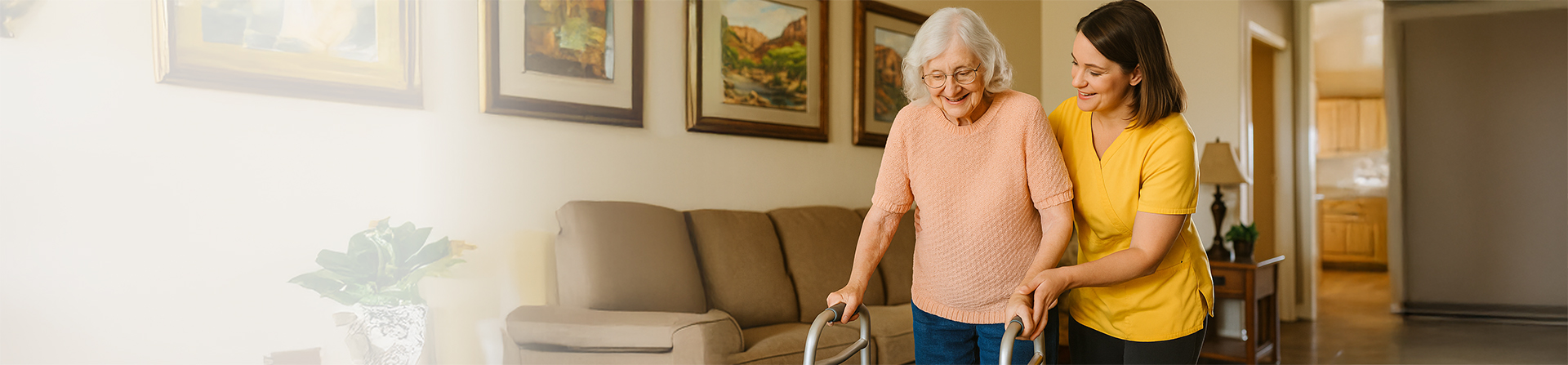 Staff assisting a resident in a bright interior space