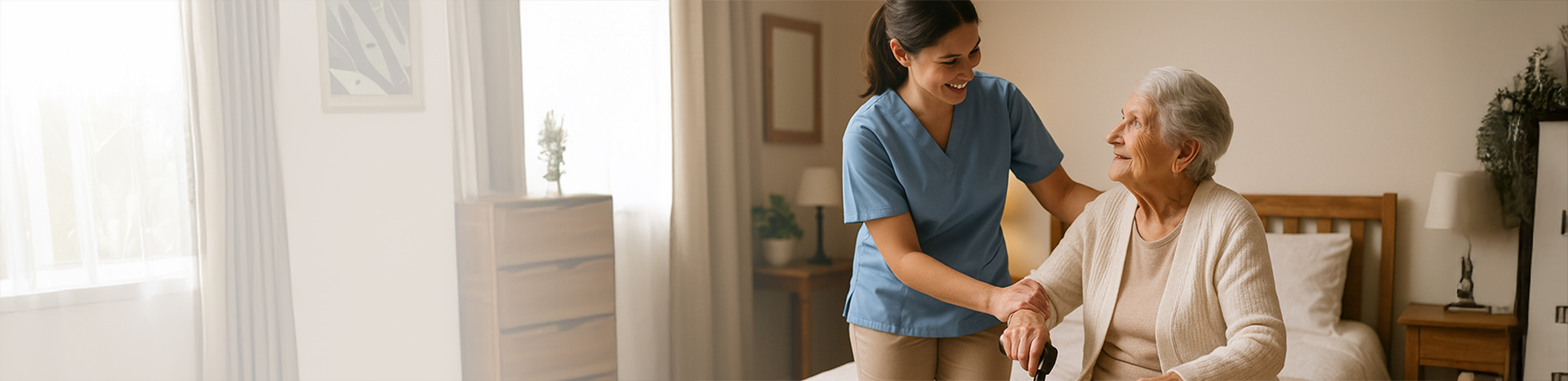 Caregiver assisting a senior woman in a cozy room