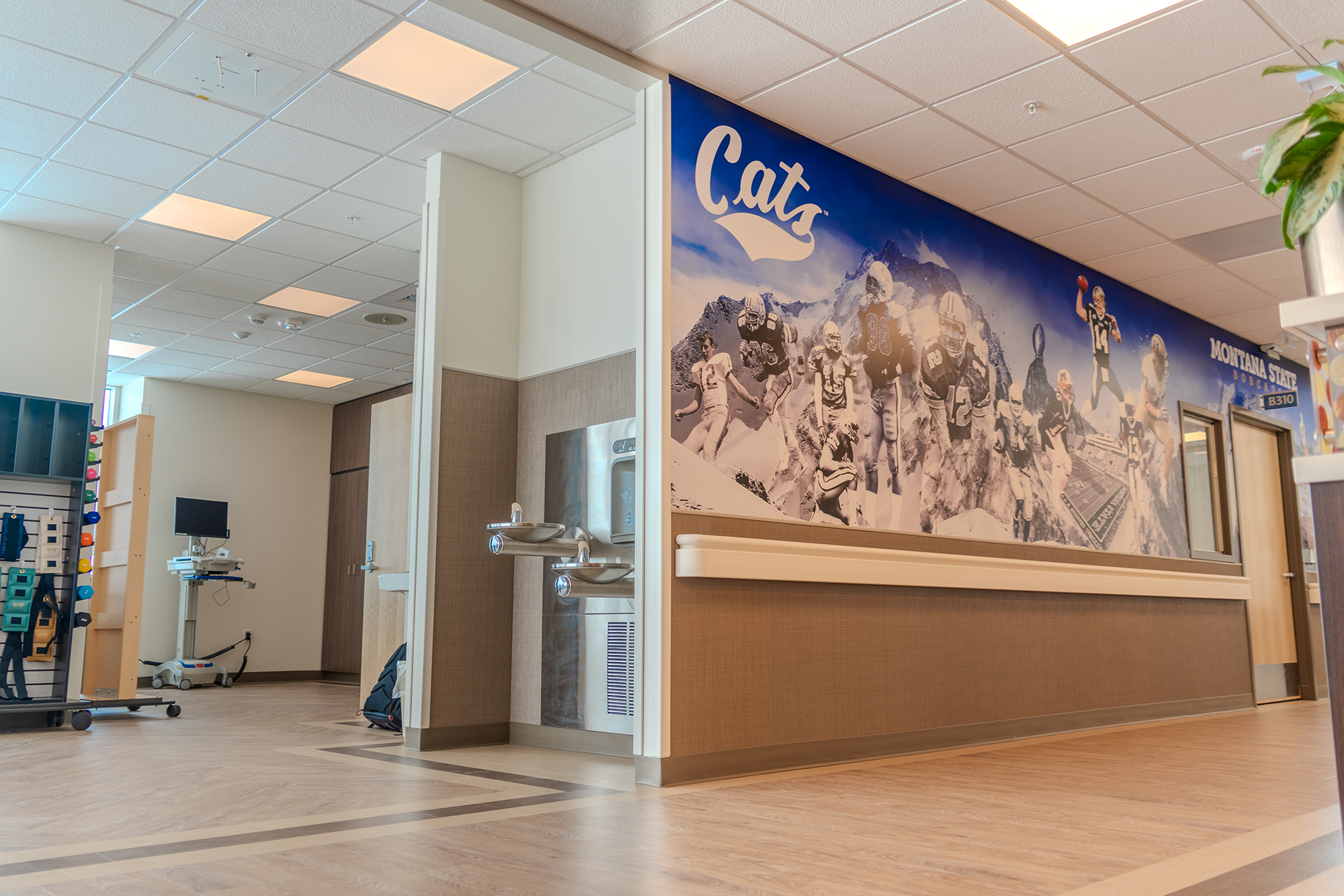 Interior view of a hallway with wall art