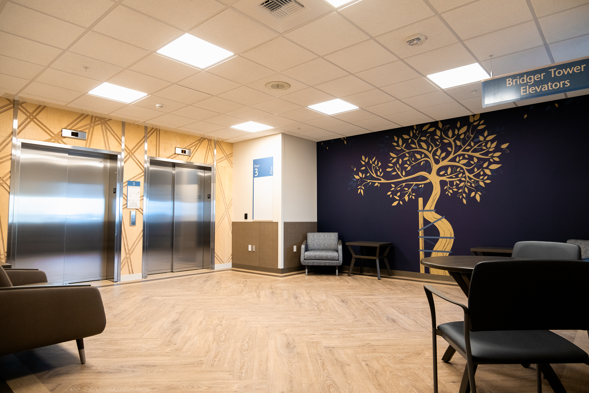 Interior common area with elevators and seating