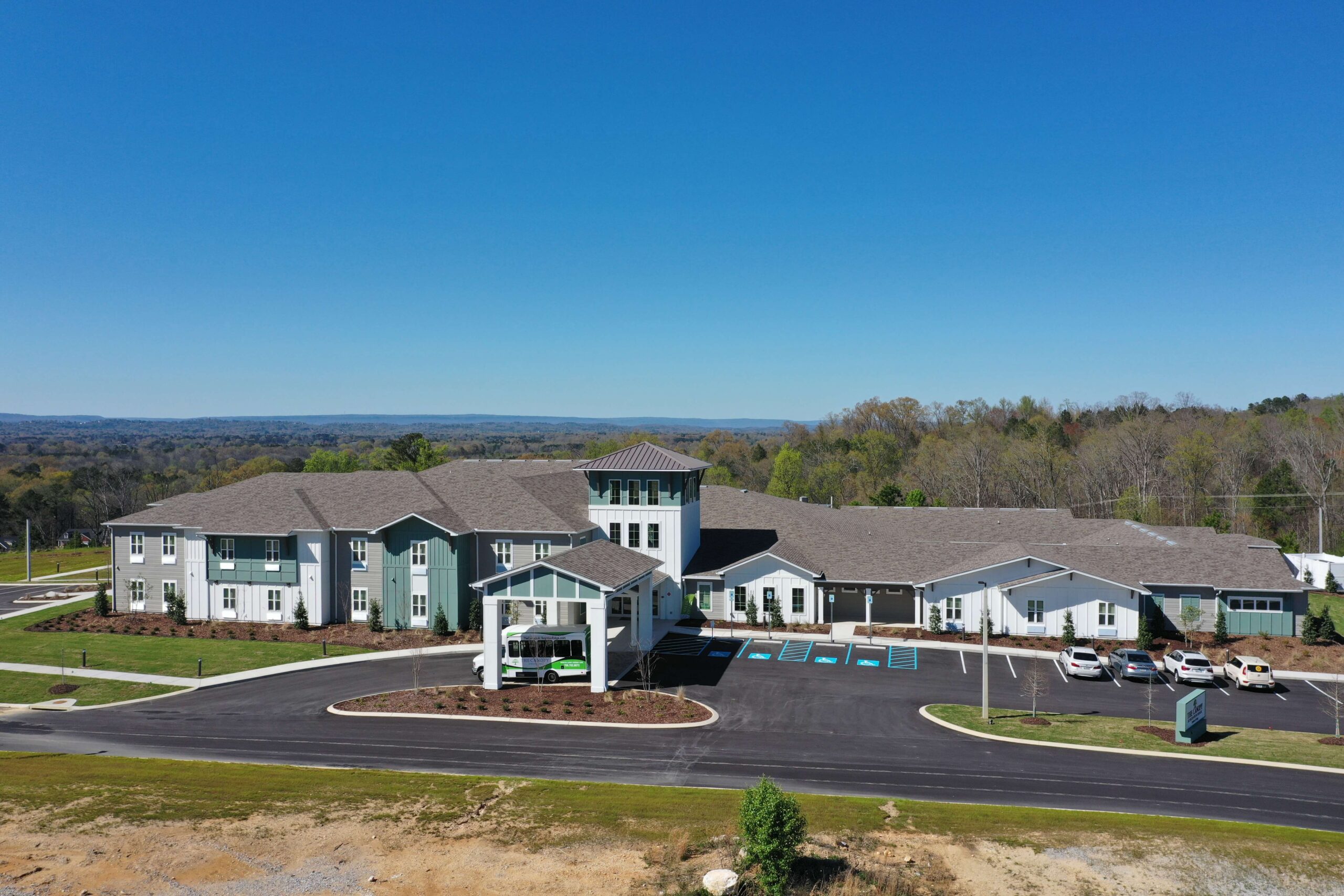 Aerial view of the Alto Overland Park building with parking