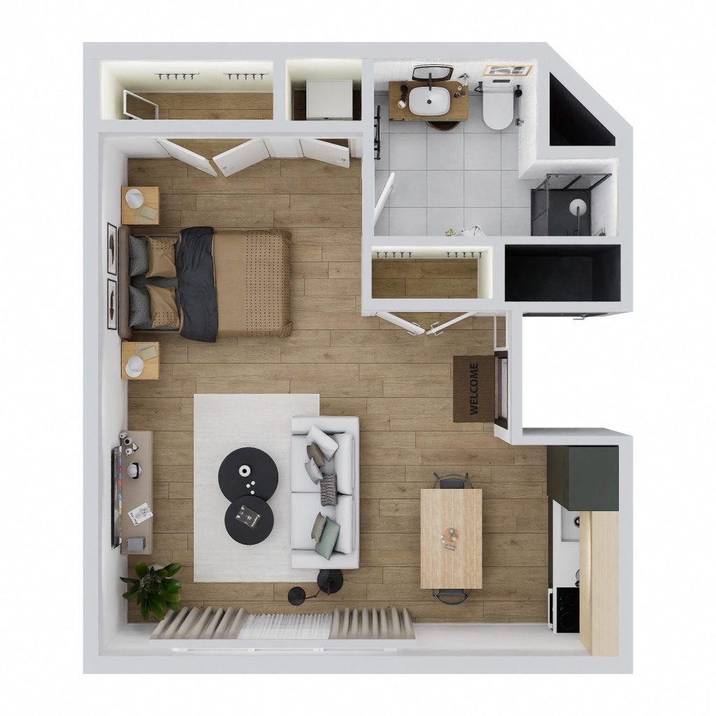 Aerial view of a studio apartment layout