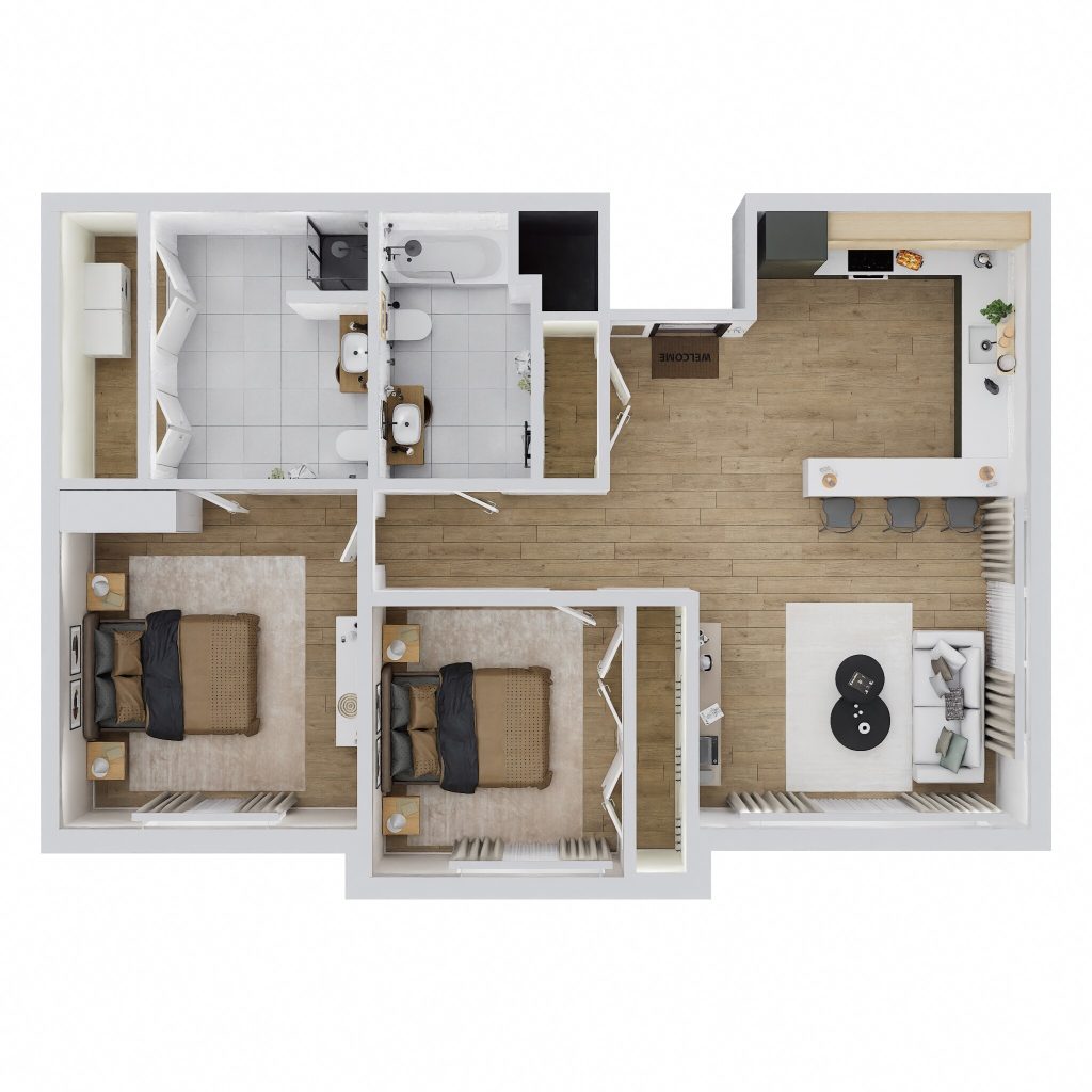 Floor plan of a shared living unit with two bedrooms