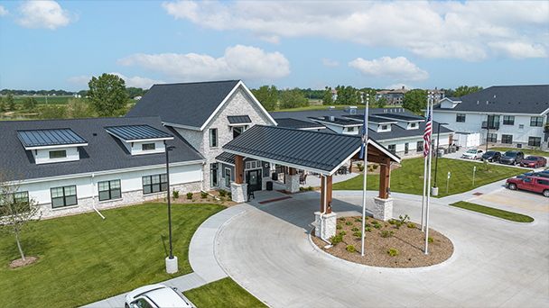 Exterior view of an assisted living facility with a welcoming entrance