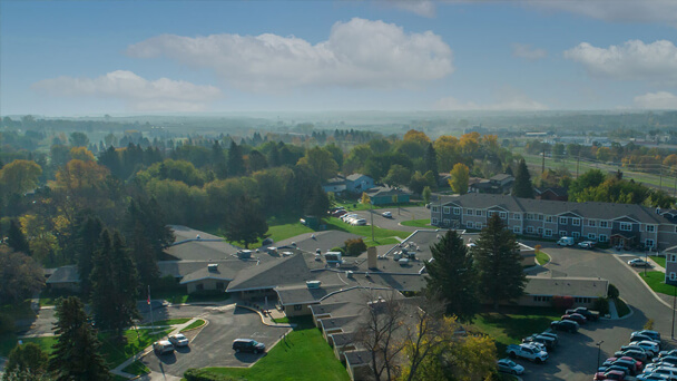 Aerial view of Eventide Catered Living facility and surrounding area