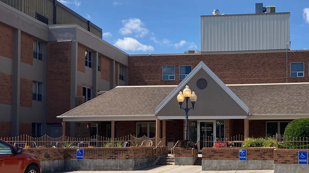 Exterior view of a senior living facility entrance