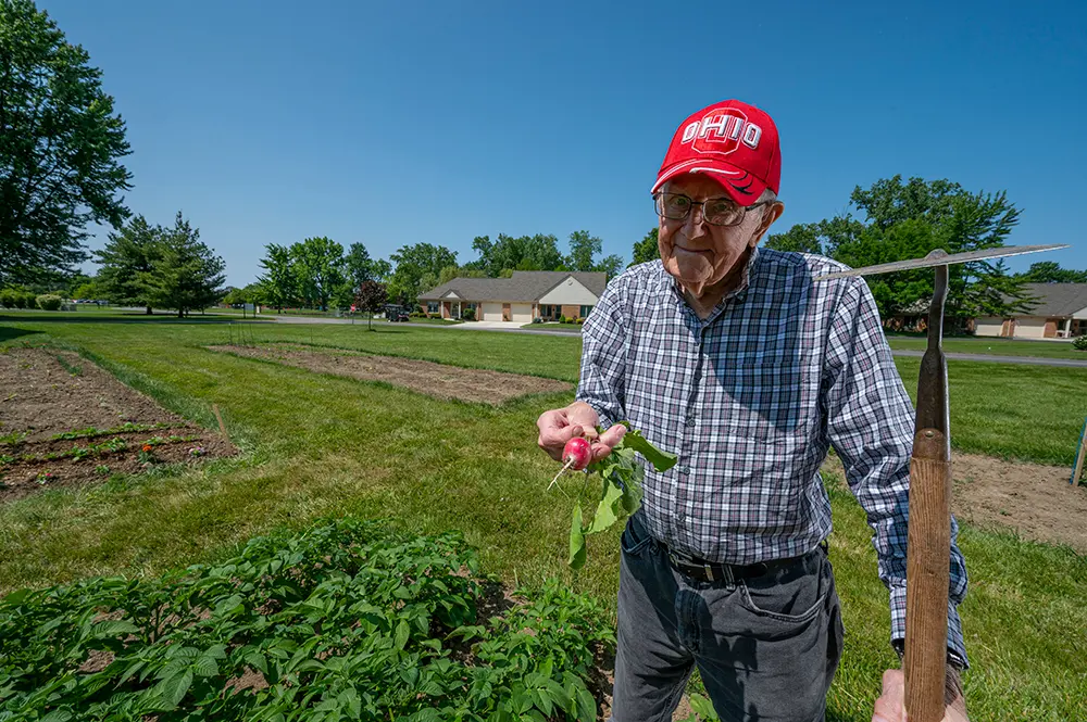 Resident harvesting vegetables in the community garden