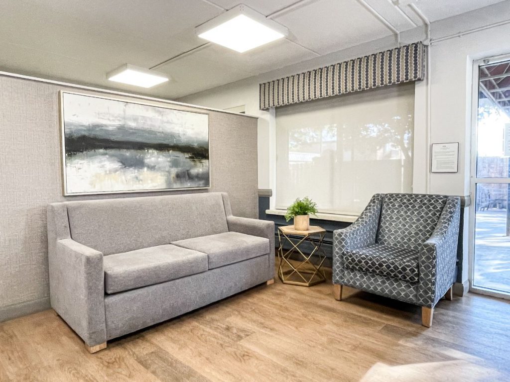 Bright and comfortable common area with seating