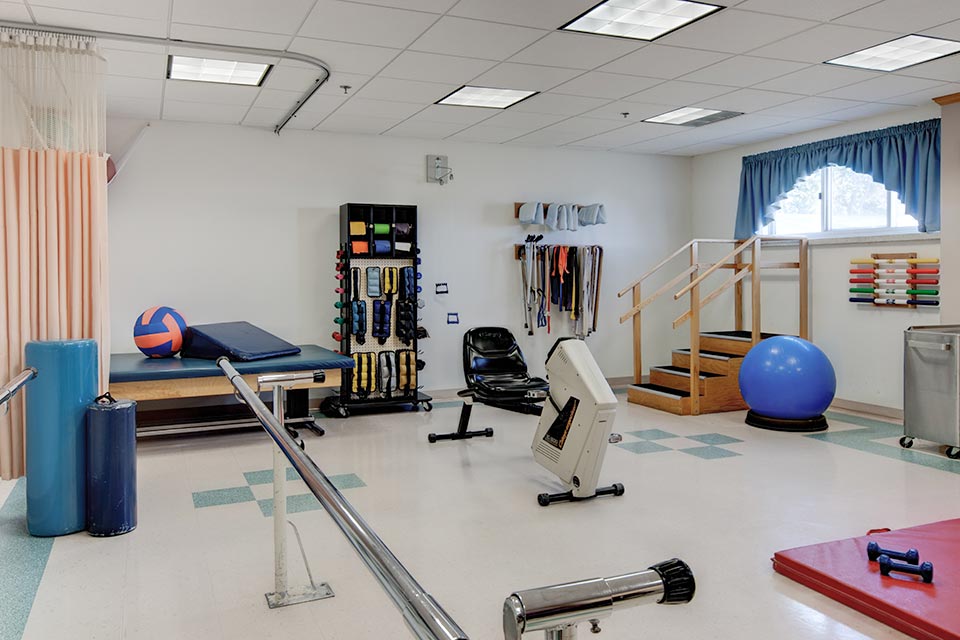 Interior of a physical therapy room with equipment