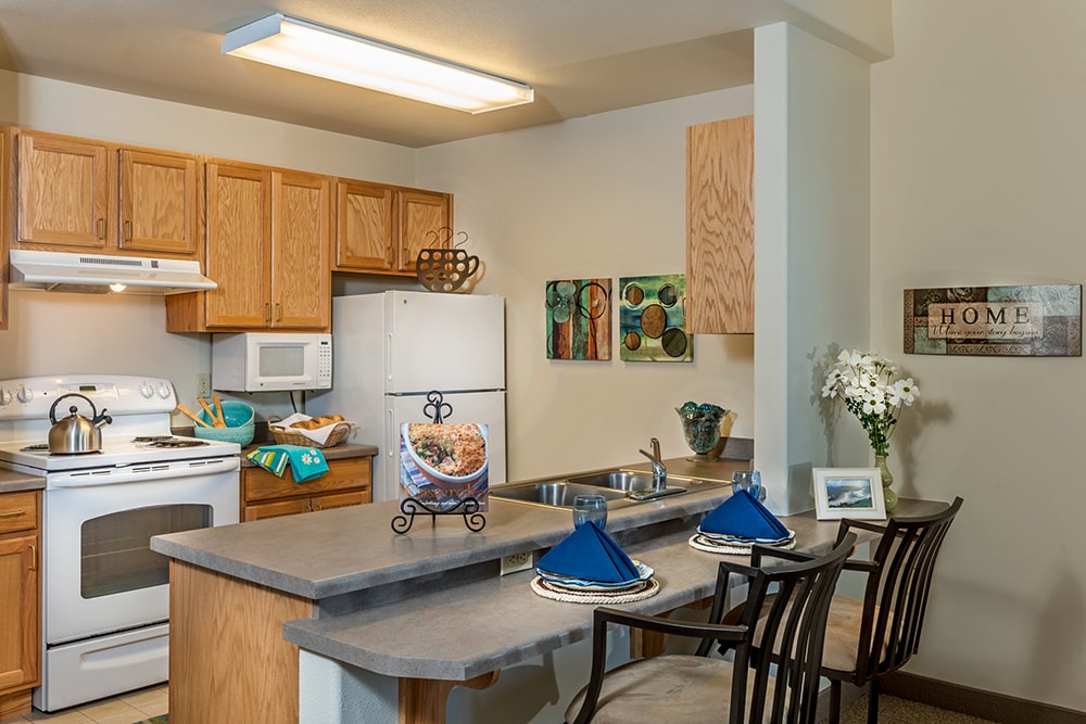 Bright kitchen area with dining space