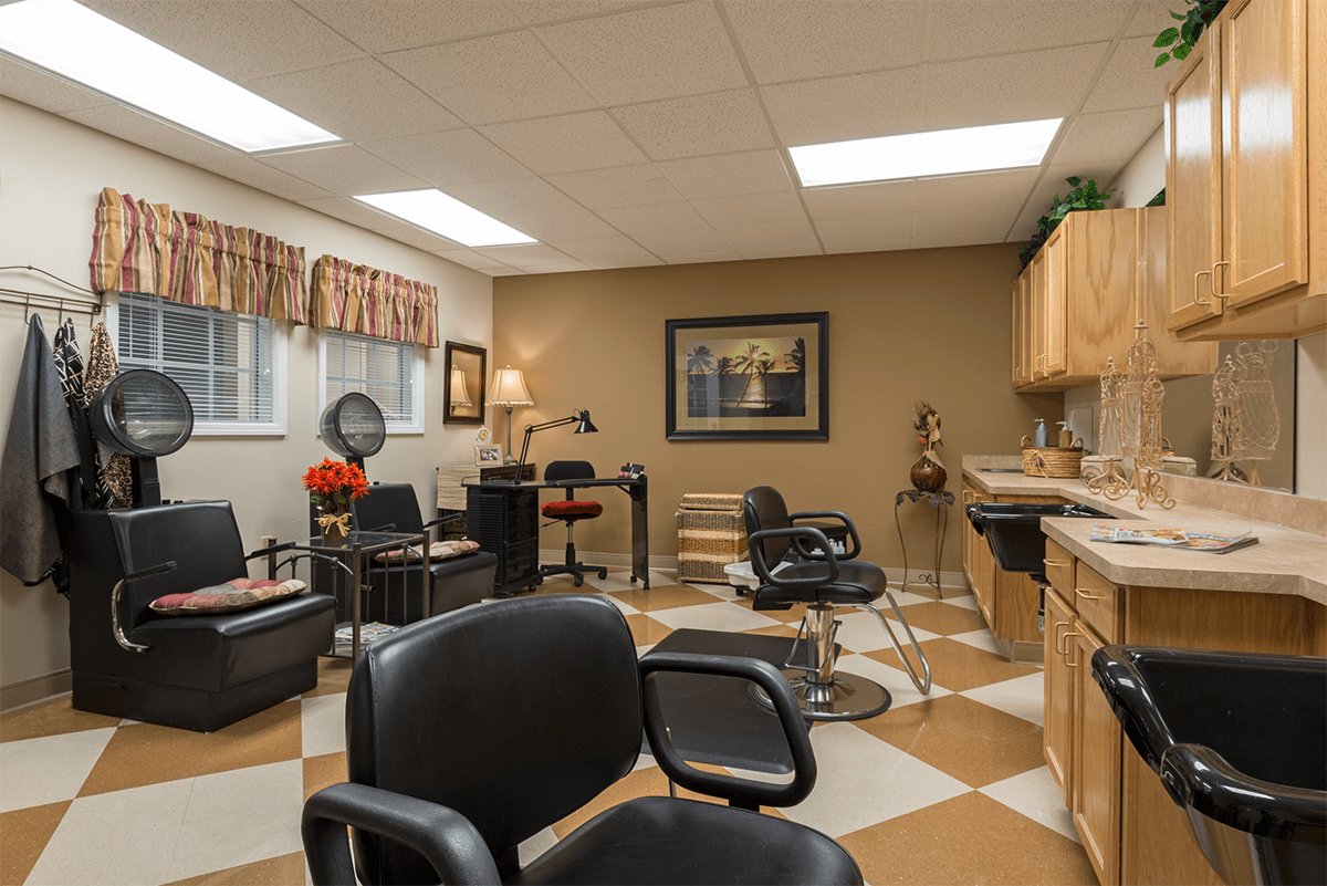 Hair salon interior with styling chairs and decor