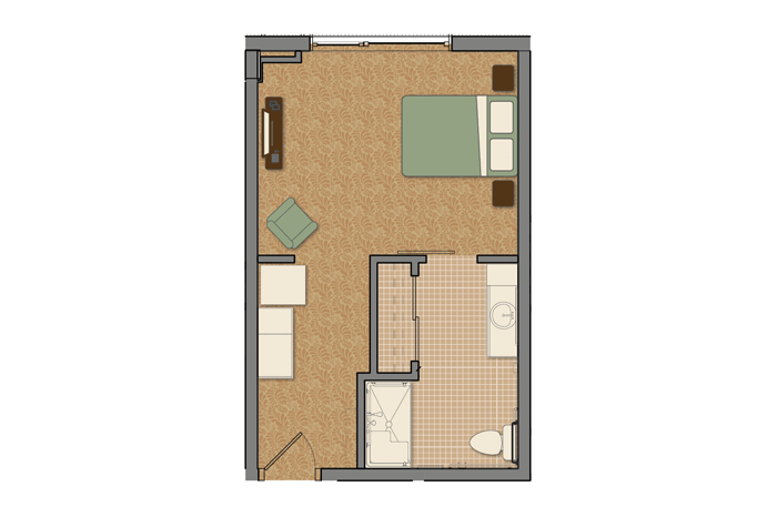 Architectural floor plan of a senior living unit