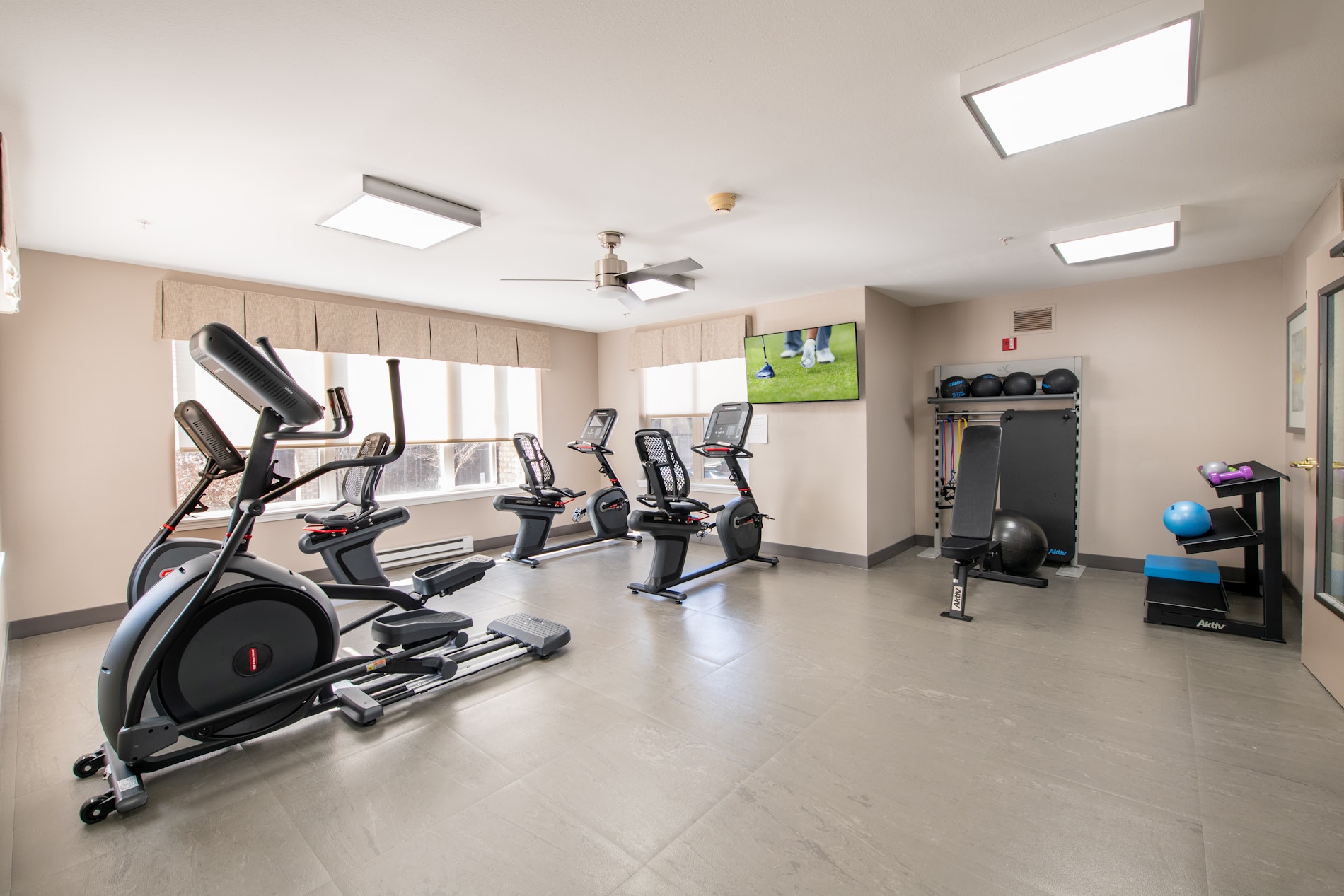 Interior view of a gym with exercise equipment