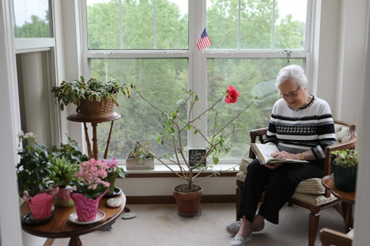 Senior resident reading in a sunlit corner.