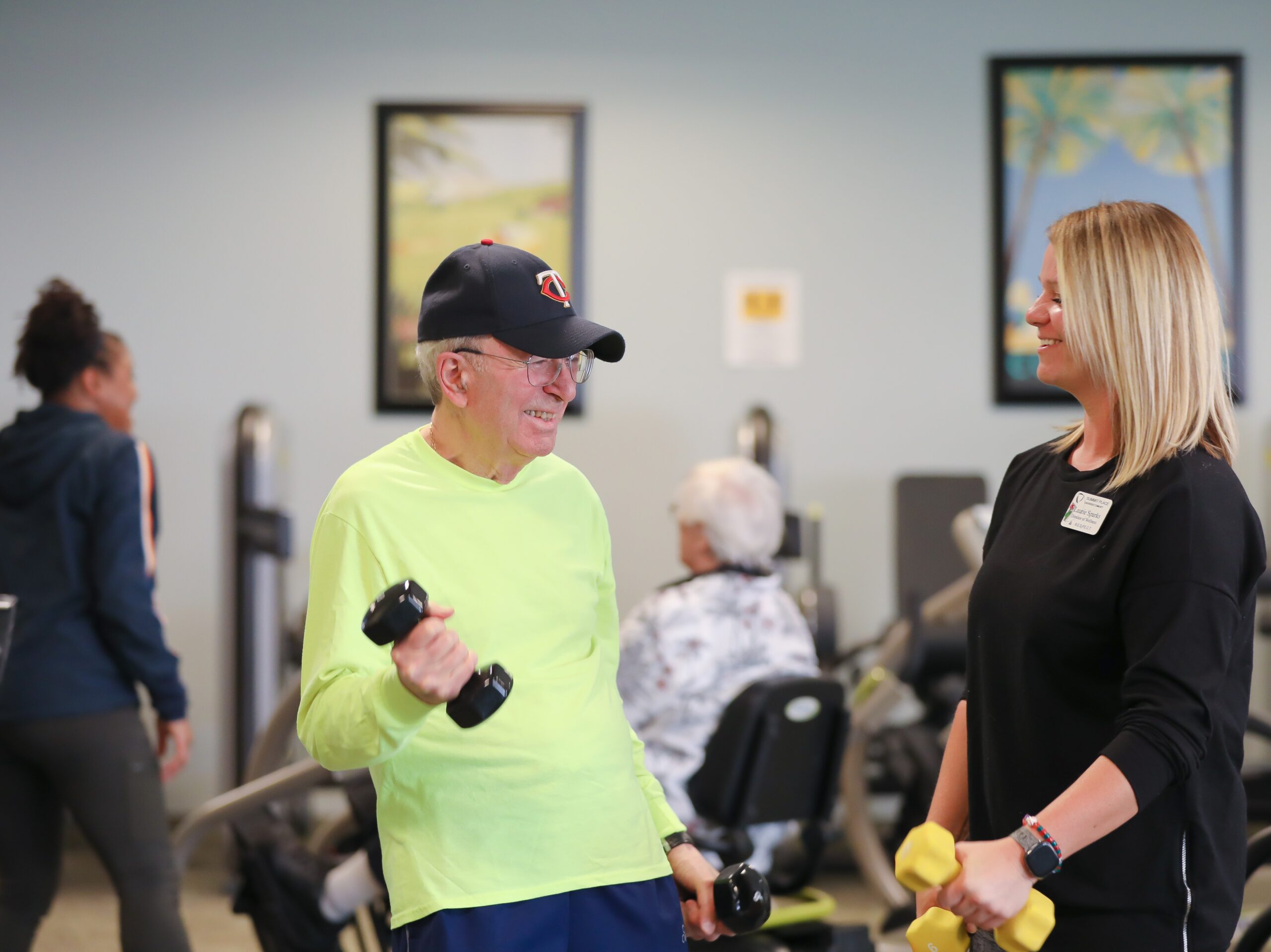 Residents and staff engaging in a fitness activity.