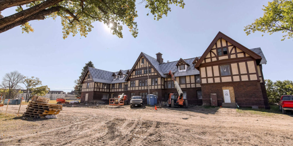 Exterior view of a building under construction.