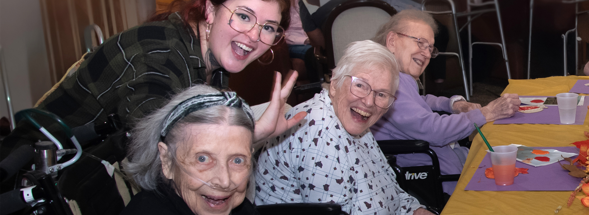Residents enjoying an activity with staff