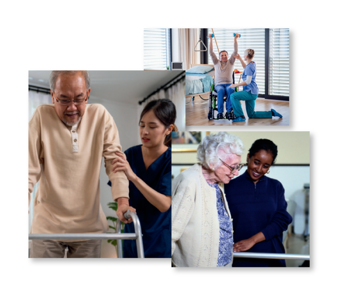 Therapists assist residents with rehabilitation exercises.