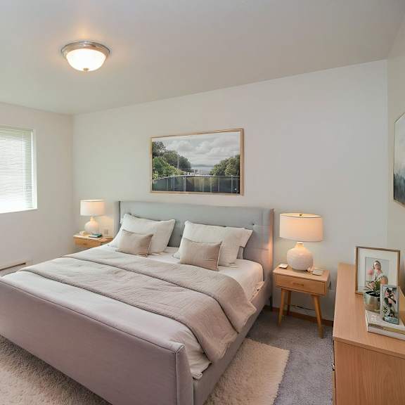 Cozy bedroom setup with modern decor and lighting