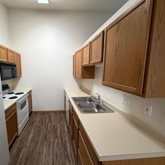 Modern kitchen with wooden cabinetry and appliances
