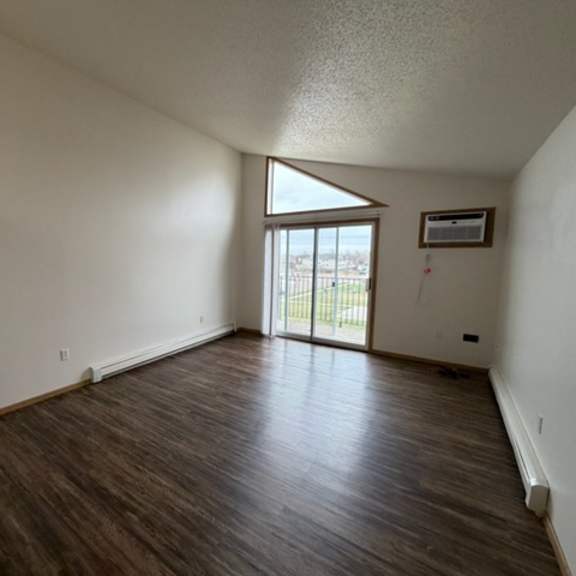 Empty room with large windows and wooden floors.