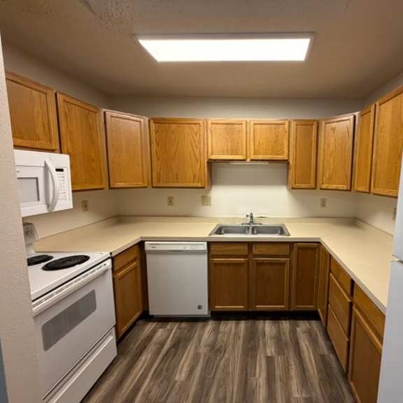 Empty kitchen in a facility apartment.