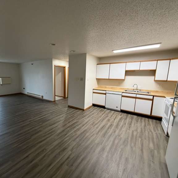 Spacious kitchen and living area in a resident unit