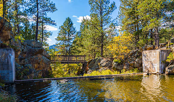 Natural outdoor setting with a pond and bridge.