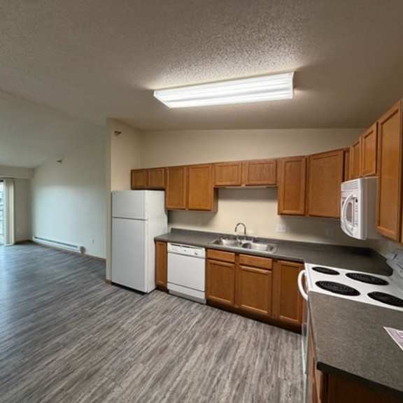 Modern kitchen area with cabinets and appliances