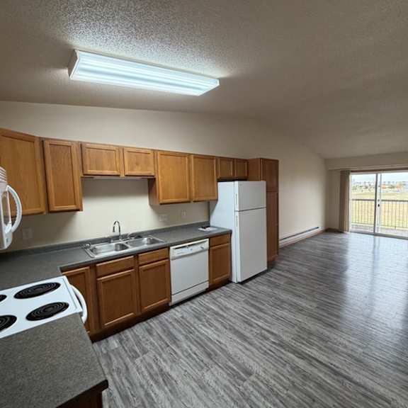 Bright kitchen area with appliances and view outside.