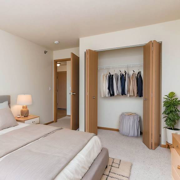Cozy bedroom with neatly arranged closet.