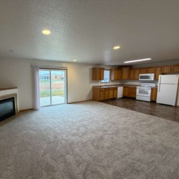 Spacious living area with kitchen appliances