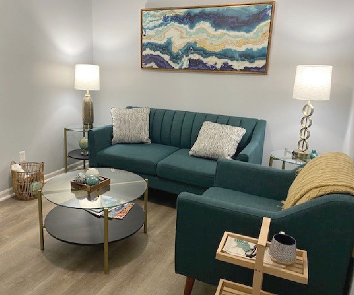 Stylish interior seating area with art.