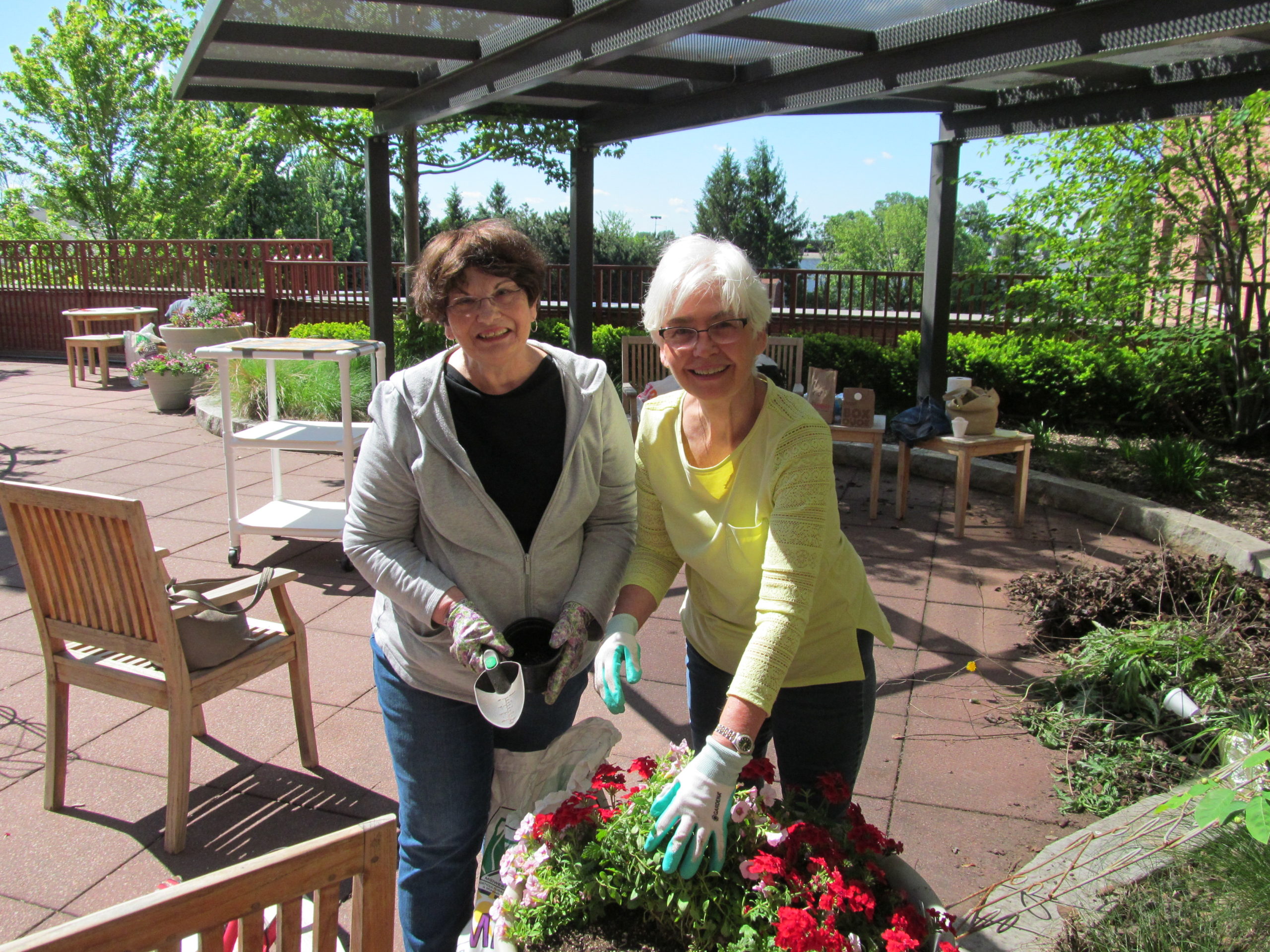 Two women gardening in an outdoor area