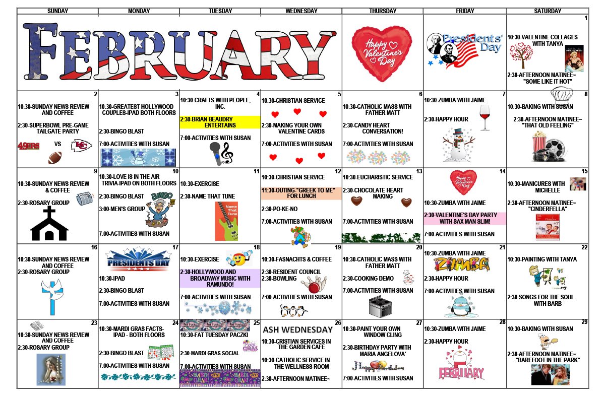 Activity calendar for February events