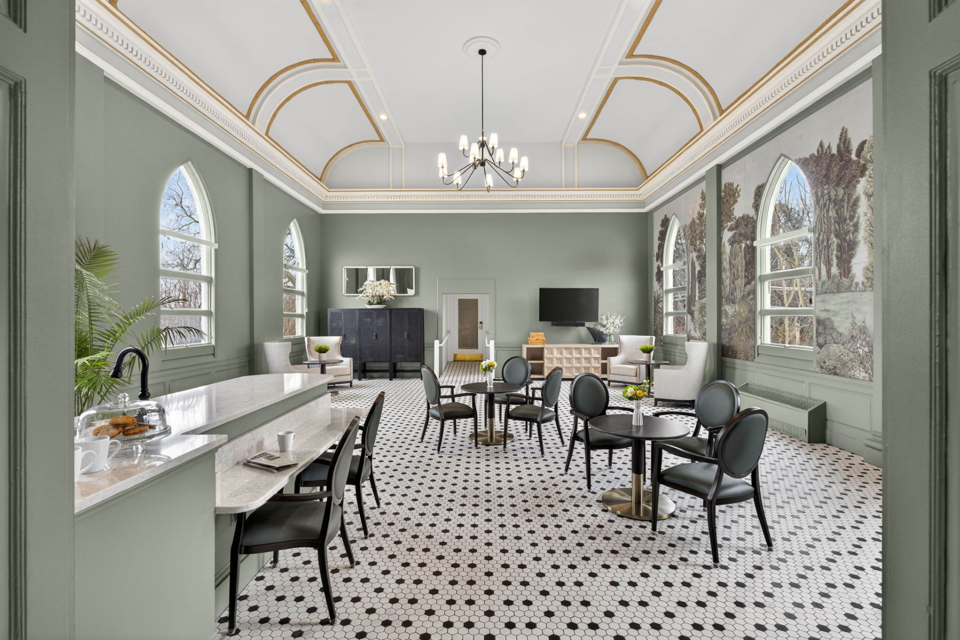 Bright common area with seating and decor
