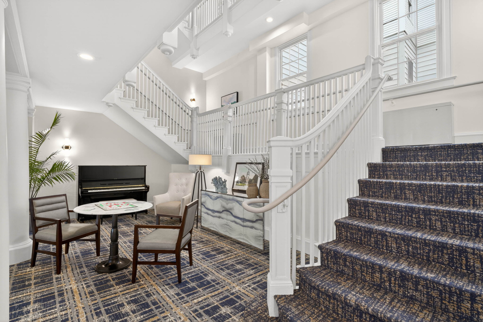 Bright and welcoming interior common area with seating