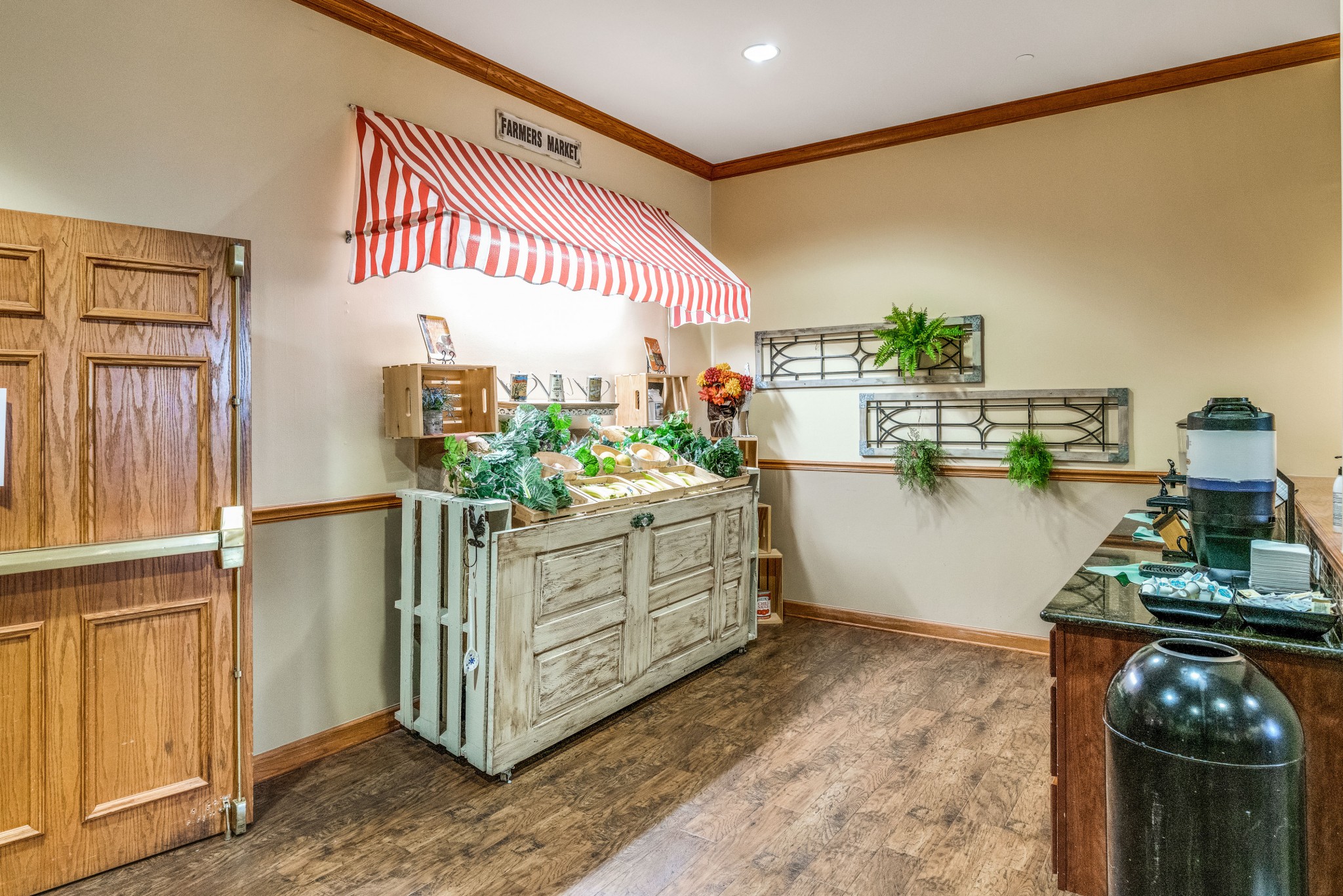 Interior view of a rustic-style food station