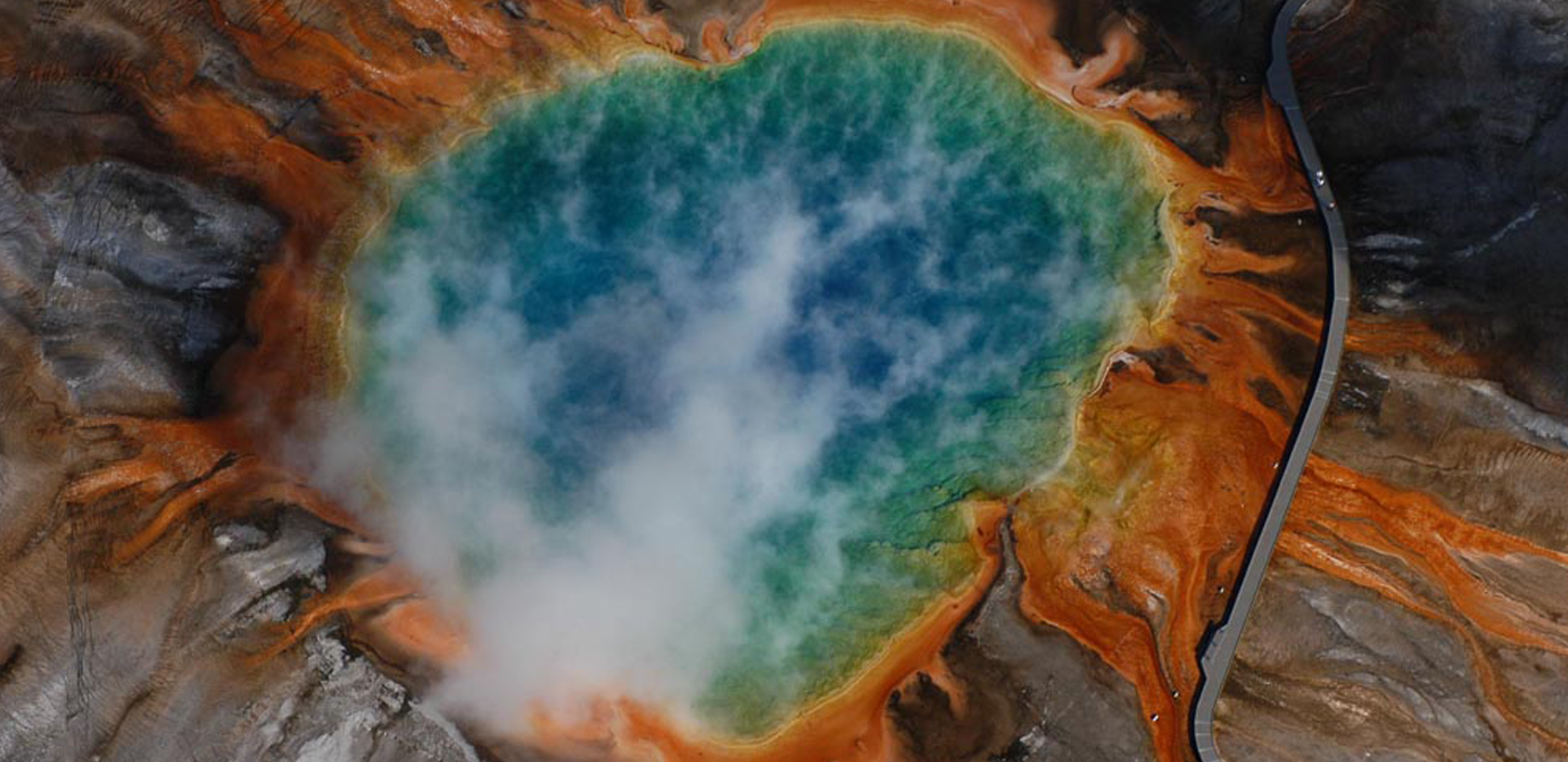 Aerial view of a colorful geothermal region