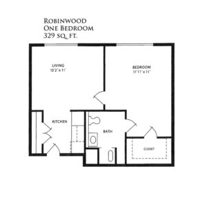 Architectural floor plan of a one-bedroom unit