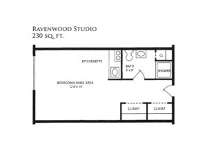 Architectural floor plan of a studio apartment