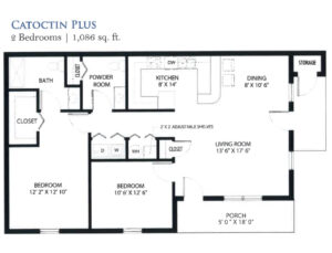 Architectural floor plan of a two-bedroom unit