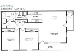 Architectural floor plan of a two-bedroom unit