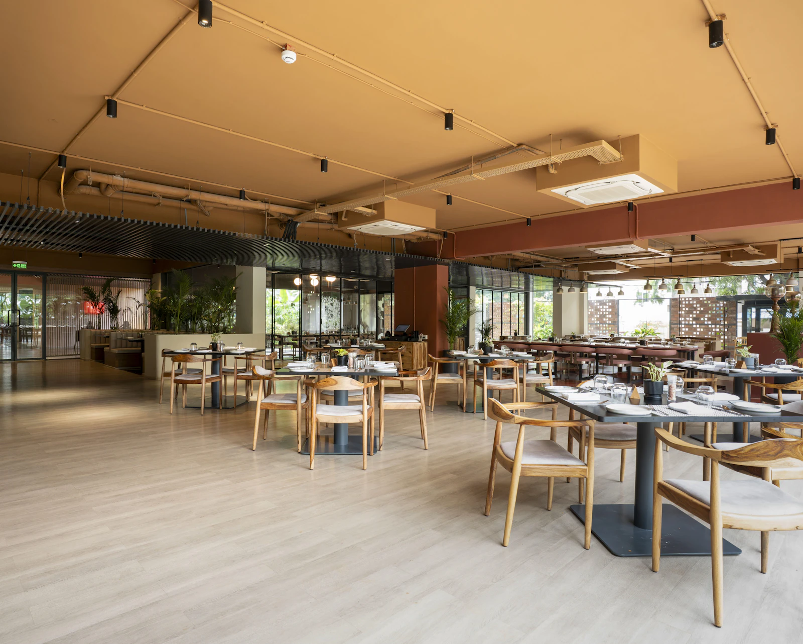 Empty dining area with tables and chairs