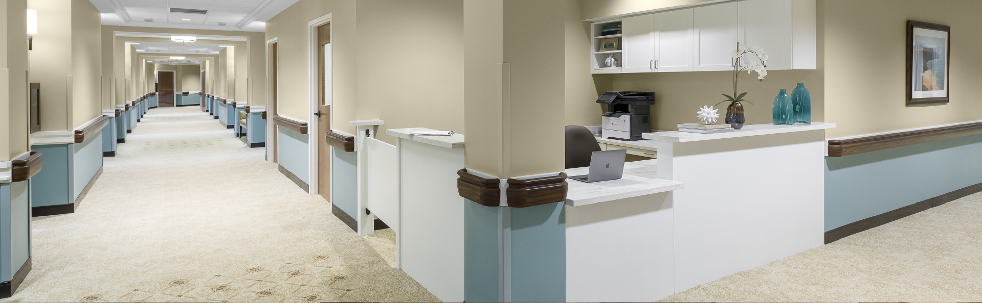 Bright, welcoming interior of a hallway and reception area