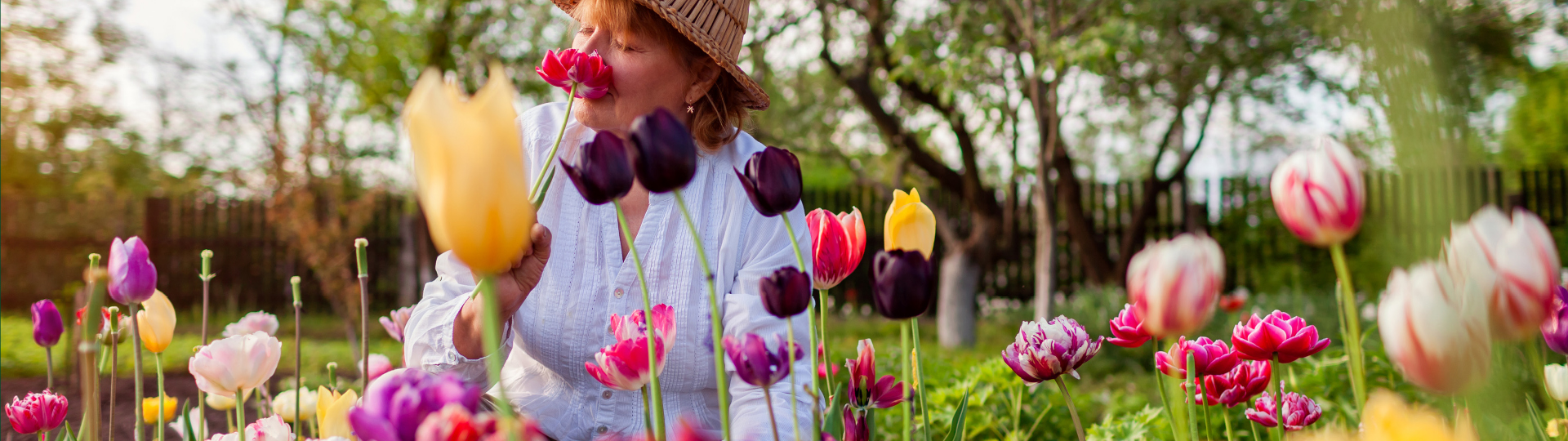 A woman admiring flowers in a garden