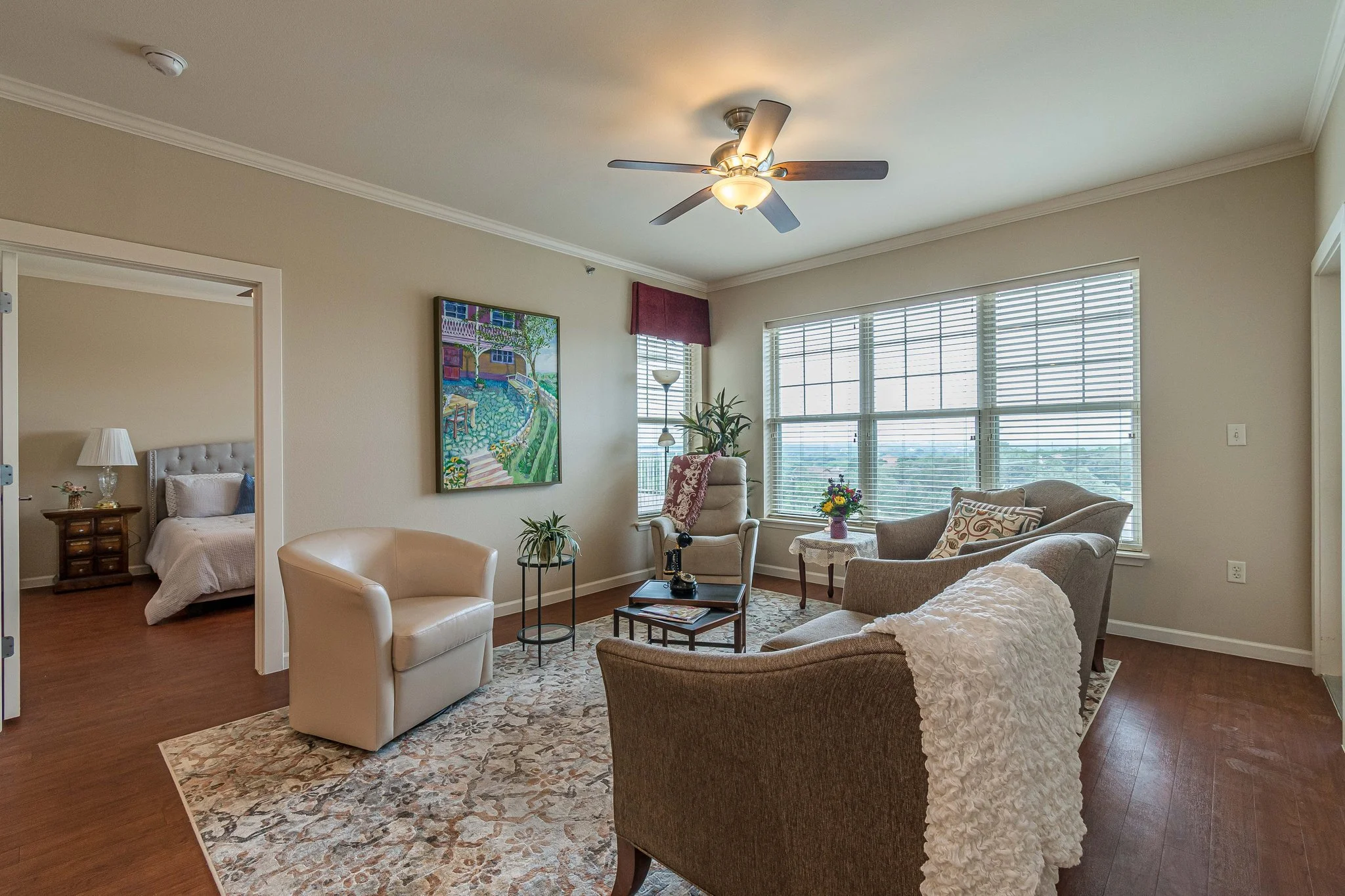 Cozy common area with seating and art