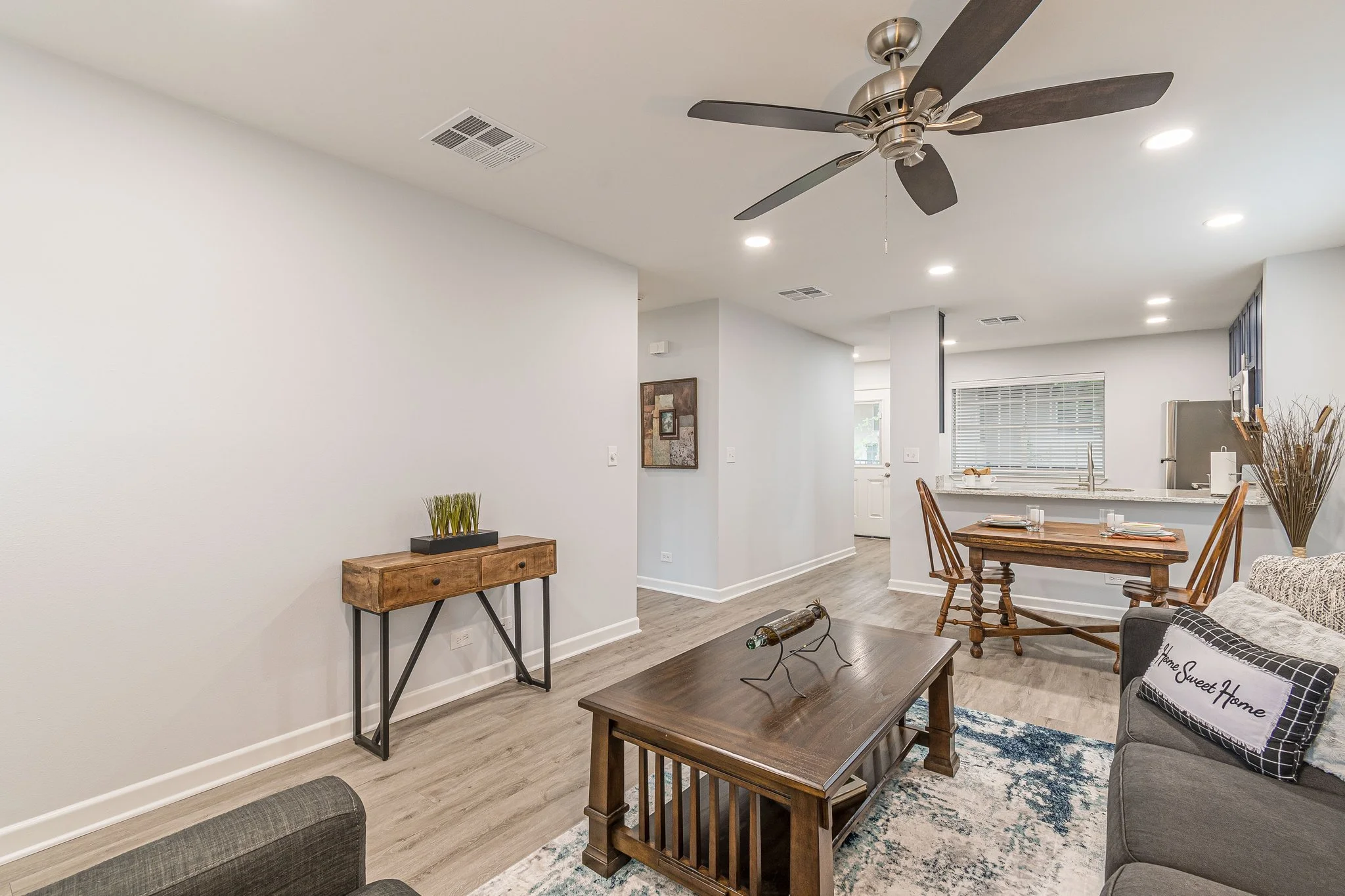 Bright interior of a senior living space with dining area