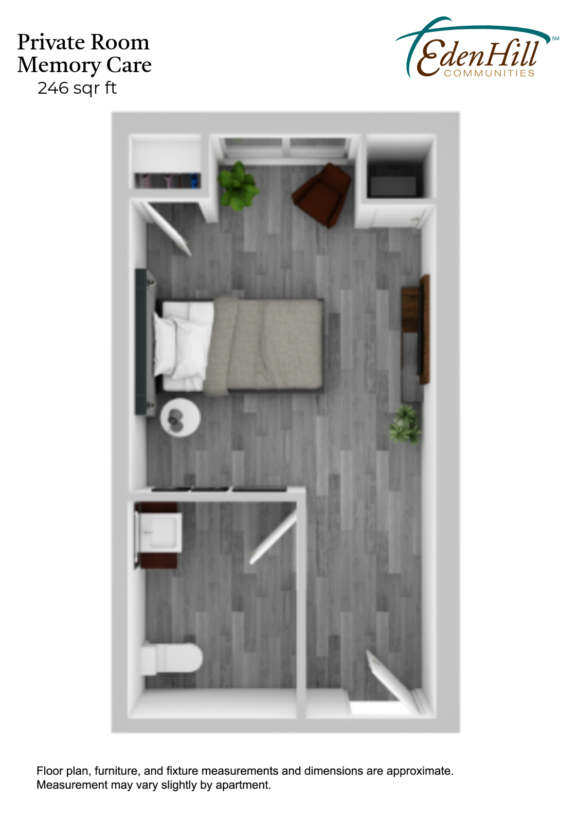 Floor plan of a private room in Memory Care