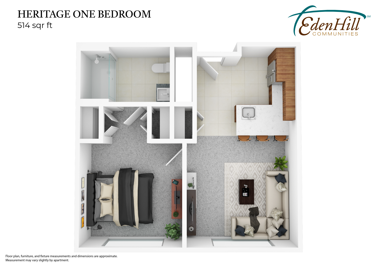Architectural floor plan of a one-bedroom unit